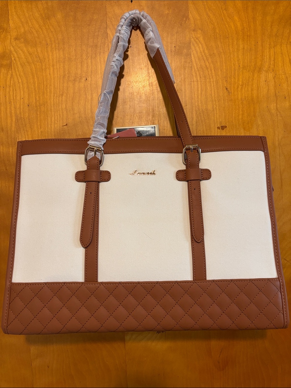 White and Brown Quilted-Trim Shoulder Tote